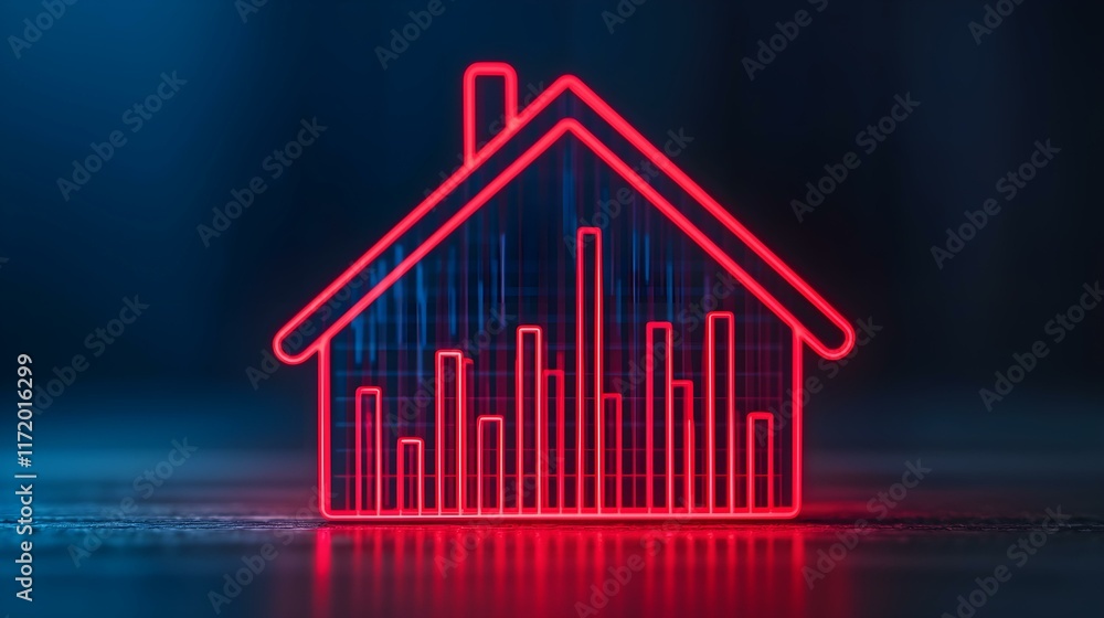Poster neon outline of a house with glowing bars representing data visualization and real estate trends in 