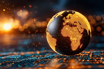 The digital generated image features a high resolution globe rotating over a backdrop of intricate scientific data patterns that symbolize advanced data processing, network connectivity