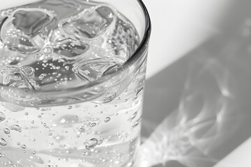 Elegant Close-Up of a Clear Glass Tumbler with Sparkling Water on Reflective Surface