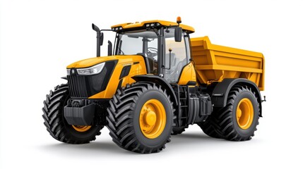 Powerful yellow tractor with dump bed for agricultural and construction purposes on a white background