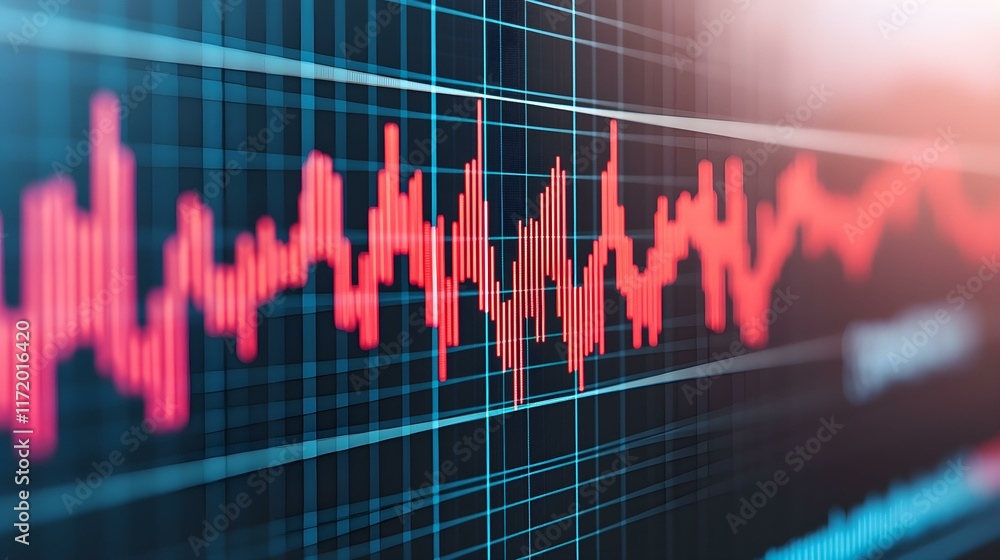 Poster abstract visualization of audio waveform on digital screen with vibrant colors representing sound fr