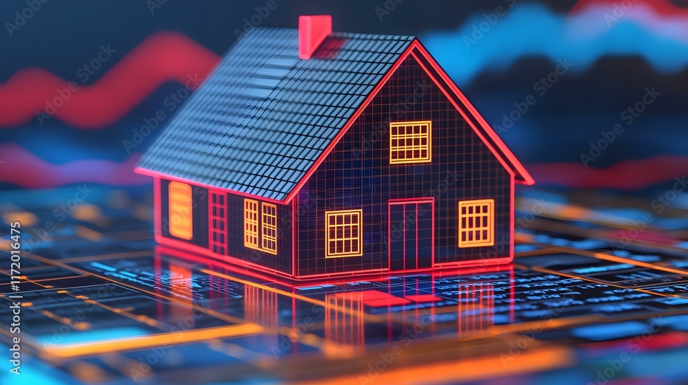 Aufkleber modern digital house model with abstract graphical data visualization in background for real estate 