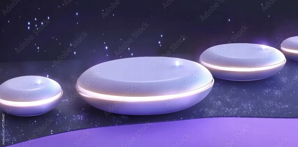 Poster futuristic, oval-shaped objects with glowing edges against a starry background.