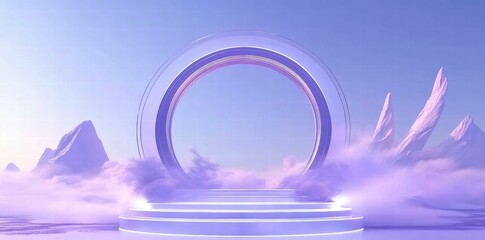 A futuristic portal surrounded by mountains and clouds, suggesting a dreamlike landscape.