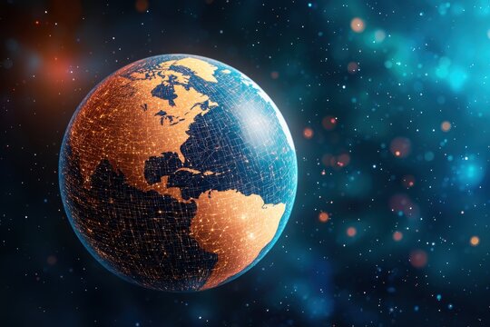 The digital generated image features a high resolution globe rotating over a backdrop of intricate scientific data patterns that symbolize advanced data processing, network connectivity