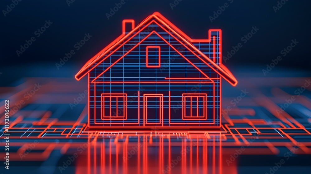 Poster futuristic digital house model with neon lines on a dark background reflecting innovative architectu