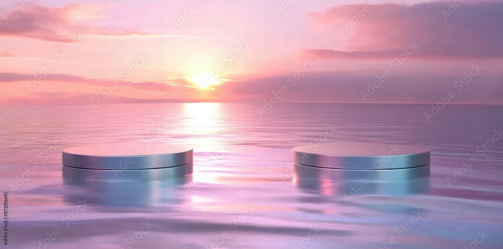 Aufkleber two round objects on a tranquil water surface during a colorful sunset.