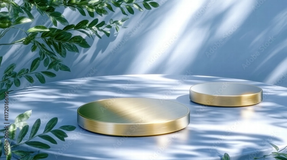 Poster A serene outdoor setting featuring circular metallic objects on a table surrounded by foliage.