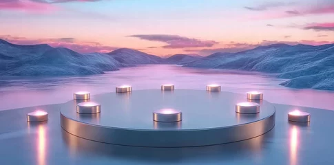 Fototapeten A serene landscape featuring a circular platform with glowing candles by a tranquil body of water. © DudeDesignStudio