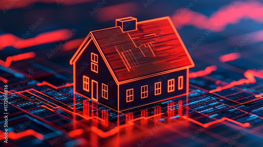 Poster abstract of house with digital data display on background for real estate and technology themes