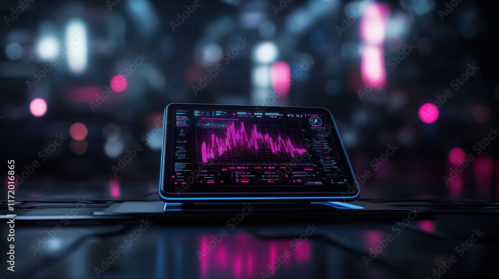 Poster futuristic digital tablet displaying vibrant data visualization in high-tech neon environment
