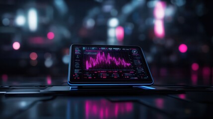 Futuristic digital tablet displaying vibrant data visualization in high-tech neon environment