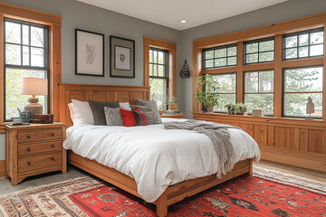Rustic Bedroom with Wooden Bed and Large Windows