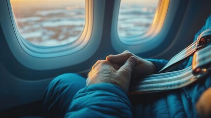 Fototapeta premium Airplane takeoff, close-up of hands adjusting the seatbelt, airplane window showing a view of the runway