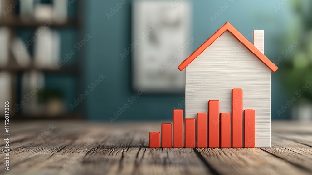 Poster conceptual representation of real estate growth with model house and ascending bar graph on rustic w