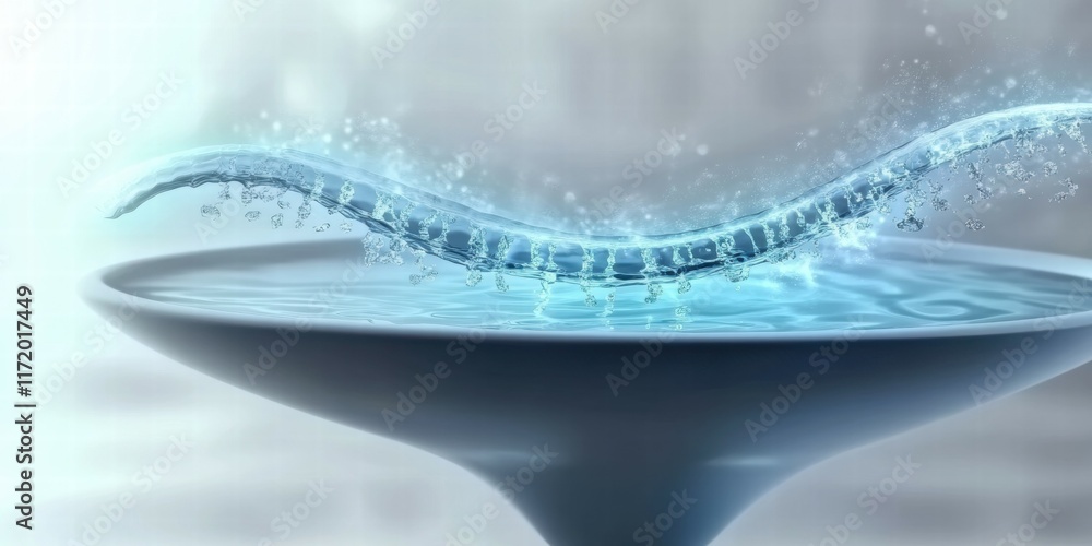 Poster A serene water feature with a flowing stream creating splashes in a shallow bowl.