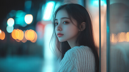 Fototapeta premium Young woman in urban setting with soft lights at night, contemplating quietly