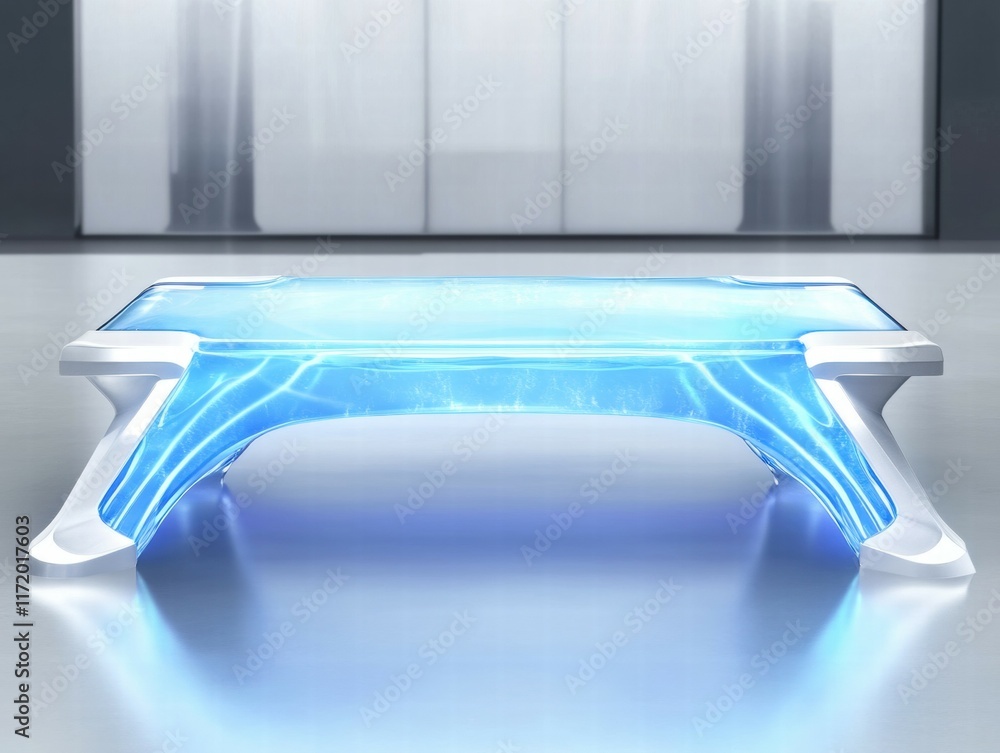 Aufkleber a futuristic table with a glowing blue surface, designed for modern spaces.
