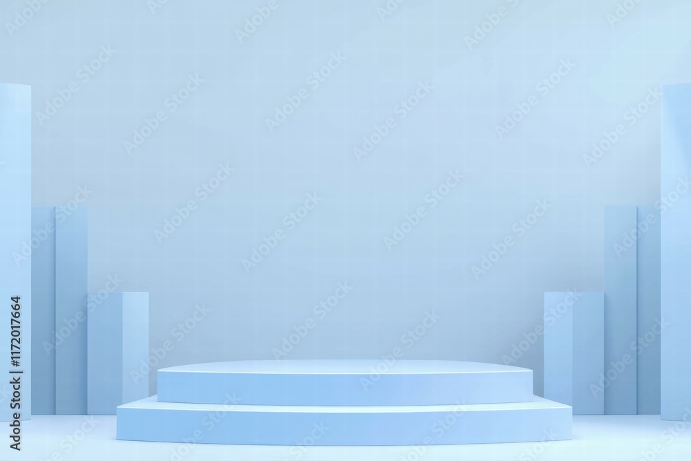 Poster a minimalist blue stage setup with geometric shapes for presentations or events.