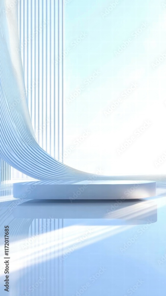 Poster a minimalist interior space with flowing lines and soft light, suggesting tranquility and modernity.