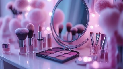 Beauty routine with mirror, close-up of makeup products and brushes arranged neatly, soft lighting