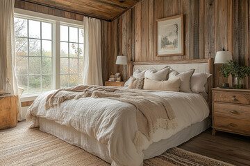 Rustic Bedroom With Neutral Bedding And Wooden Walls