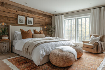 Fototapeta premium Rustic Farmhouse Bedroom Design With Wooden Wall