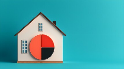 Colorful pie chart on a miniature house representing real estate investment and market analysis in vibrant blue background