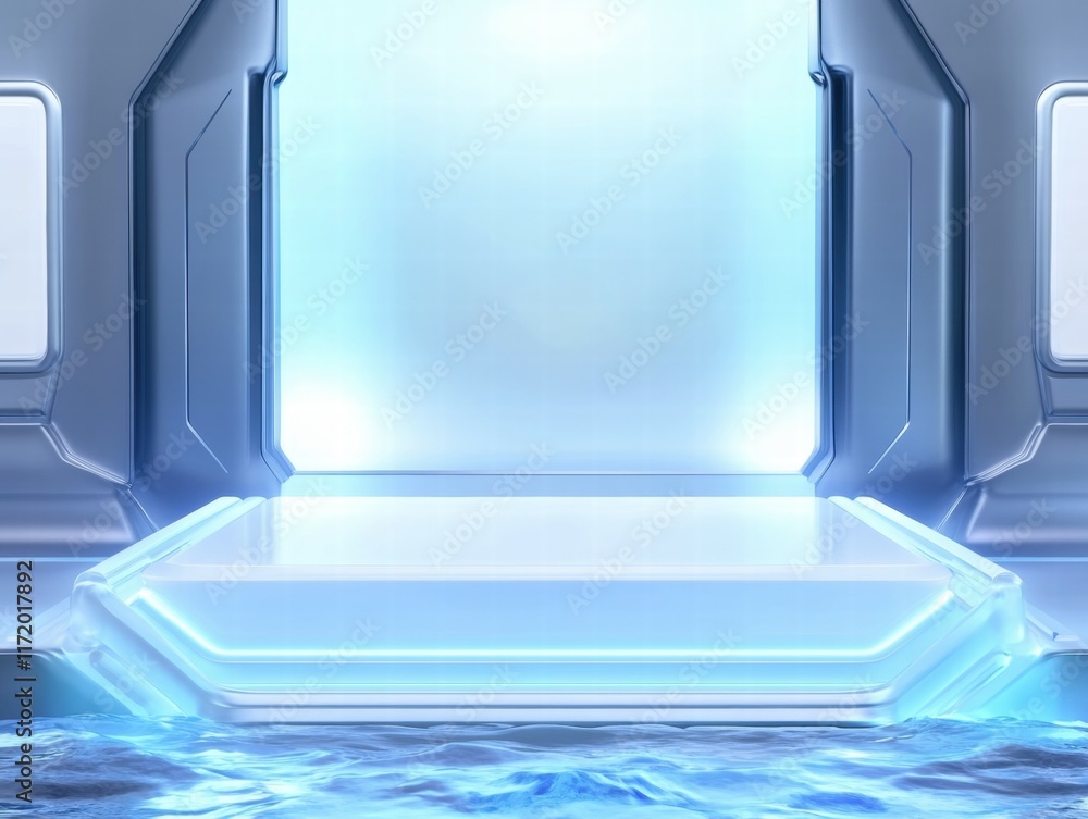 Poster a futuristic, illuminated platform with a sleek design and a water-like surface.