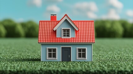 Charming Small House Model with Red Roof and Blue Walls Set Against a Lush Green Landscape and Blue Sky