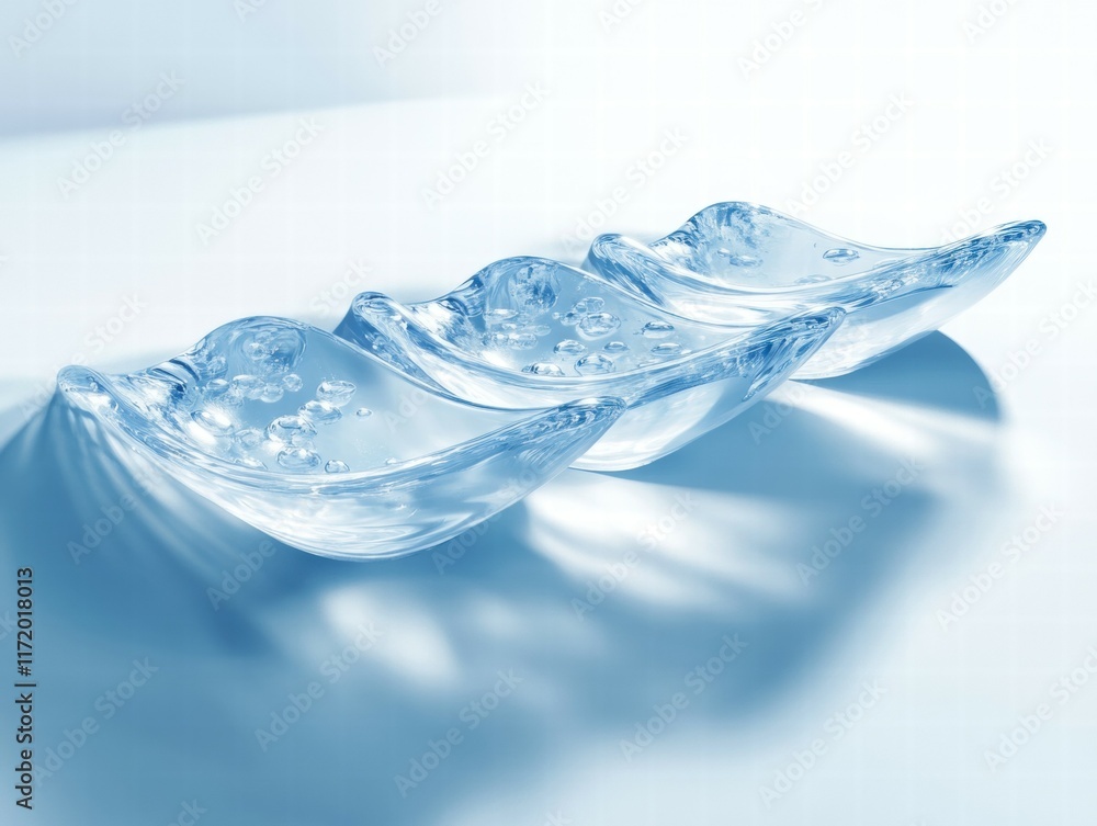 Poster three elegant glass bowls with bubbles, showcasing design and functionality.