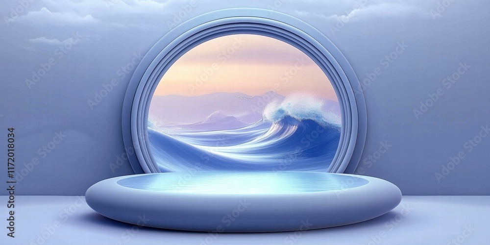 Poster A serene view of ocean waves through a circular window, blending tranquility and design.