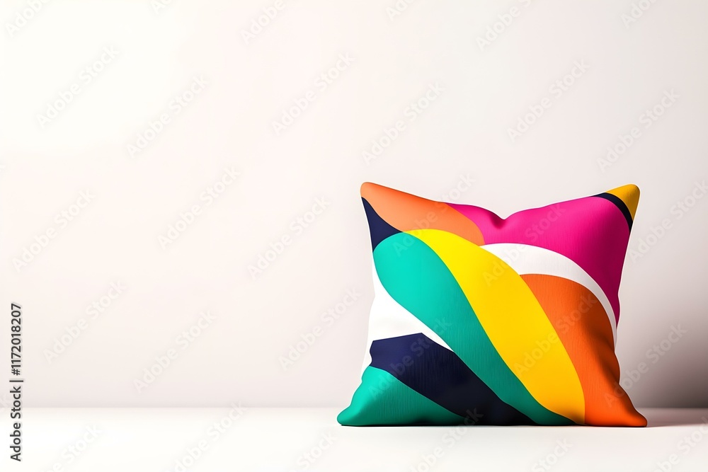 Poster colorful decorative pillow on a minimalist shelf against a soft background showcasing modern design 