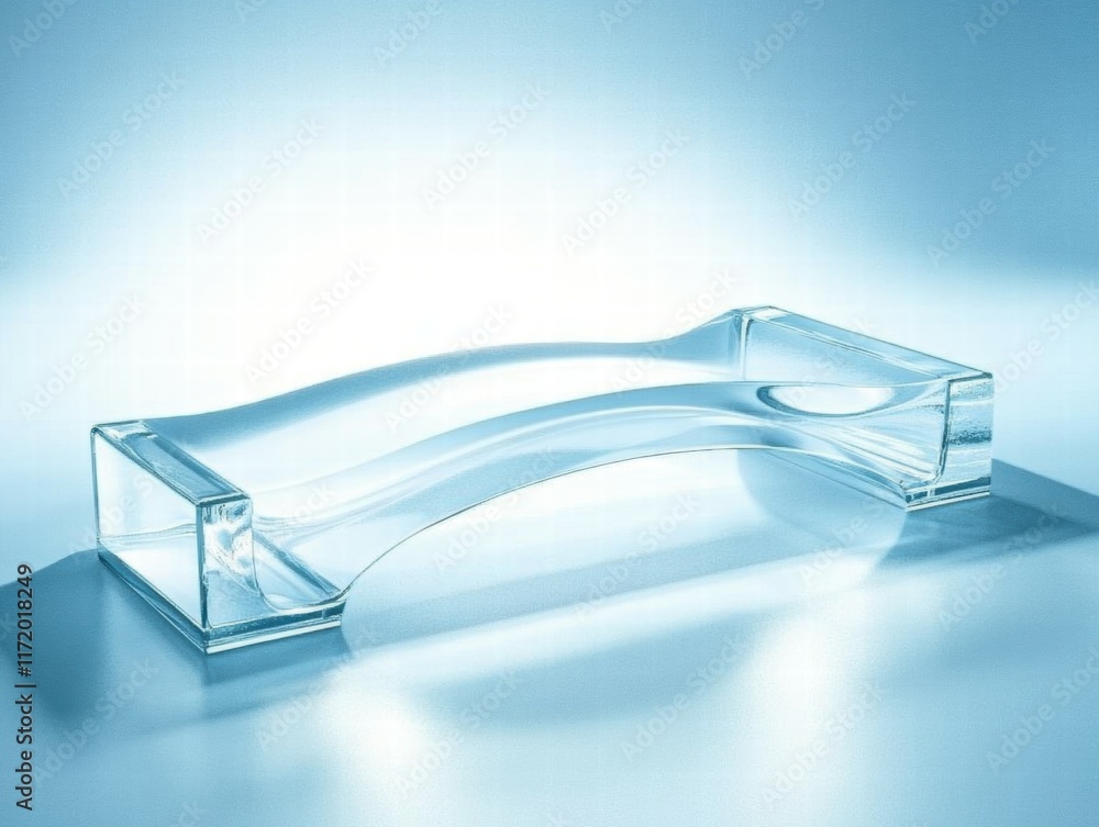 Poster A sleek, transparent glass object with a wave-like design, possibly for decorative or functional use.