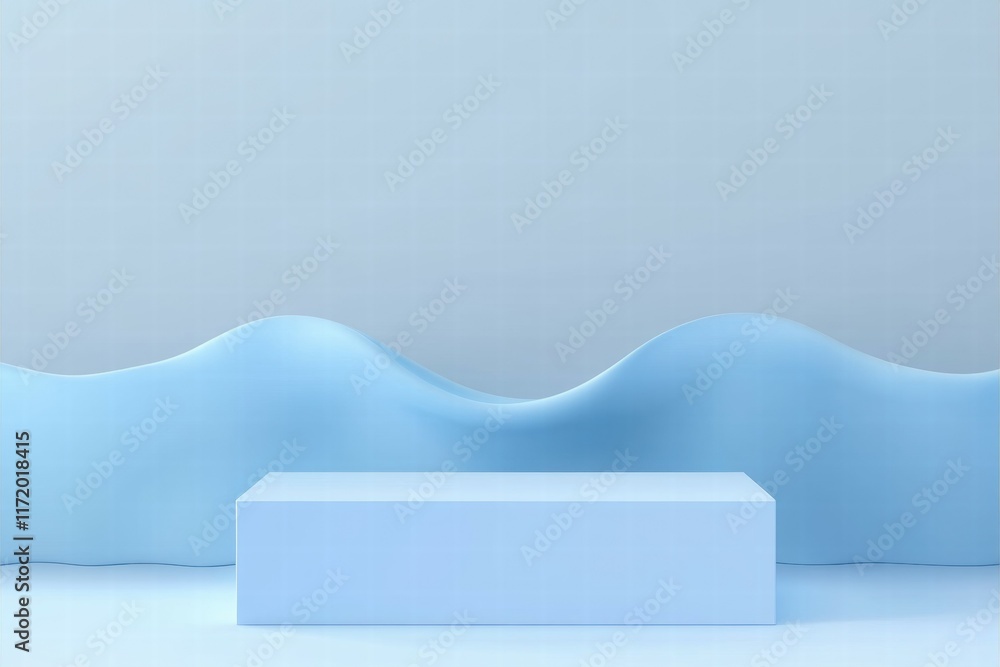 Poster a minimalist blue backdrop with a smooth wave design and a rectangular pedestal.
