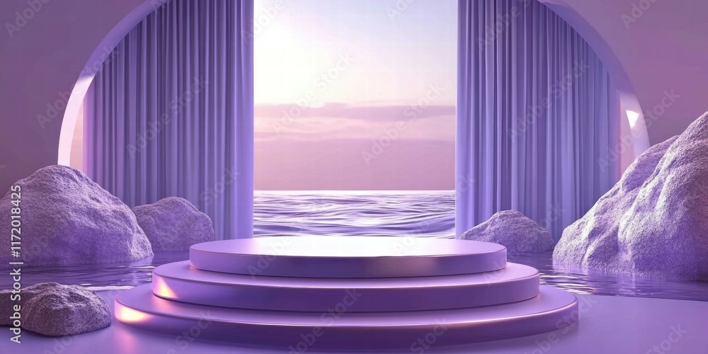 Poster a serene stage set by the ocean, framed by curtains and soft rocks, evoking tranquility.