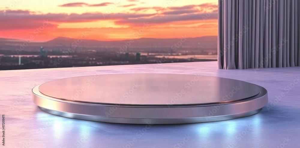 Poster a sleek circular platform with a reflective surface against a scenic sunset backdrop.