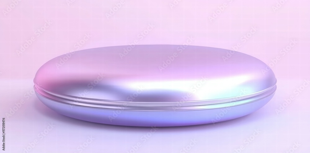 Poster a reflective, oval-shaped container with a smooth, iridescent surface.