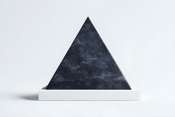 Black geometric pyramid sculpture on a white base with a minimalist design for modern decor and artistic expression