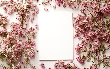 Obraz premium Blank card framed by pink flowers; spring invitation design.