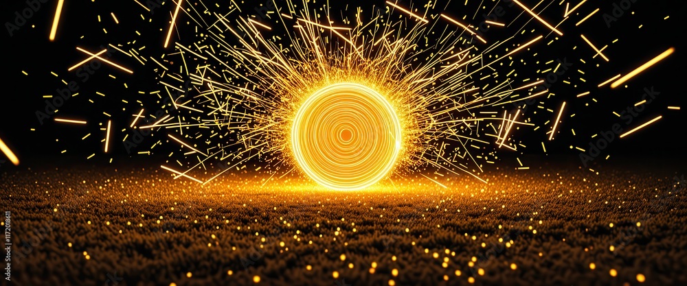 Poster glowing circular object surrounded by vibrant sparks in dynamic night scene