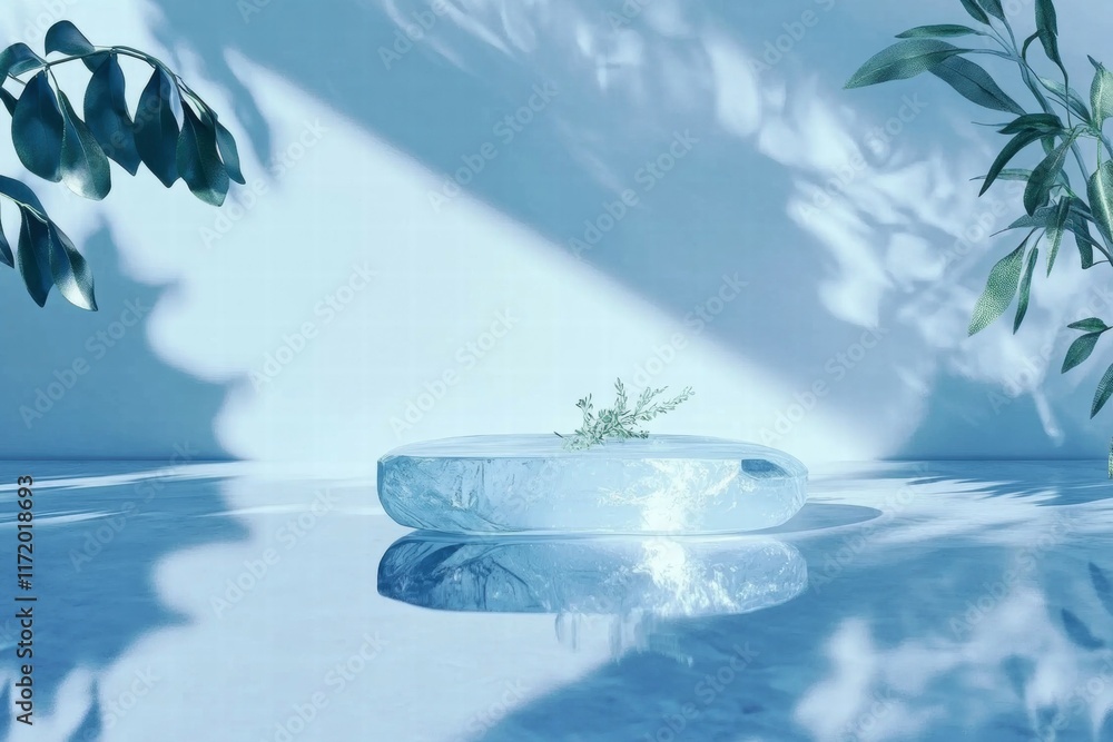 Poster A serene display of a clear ice-like object with a plant, casting soft shadows.