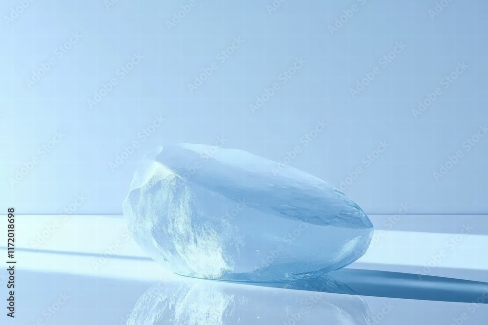 Poster A translucent ice block resting on a reflective surface, illuminated by soft light.