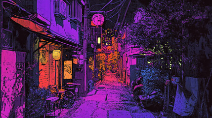 Obraz premium Vibrant urban alley illuminated by colorful lights during nighttime exploration
