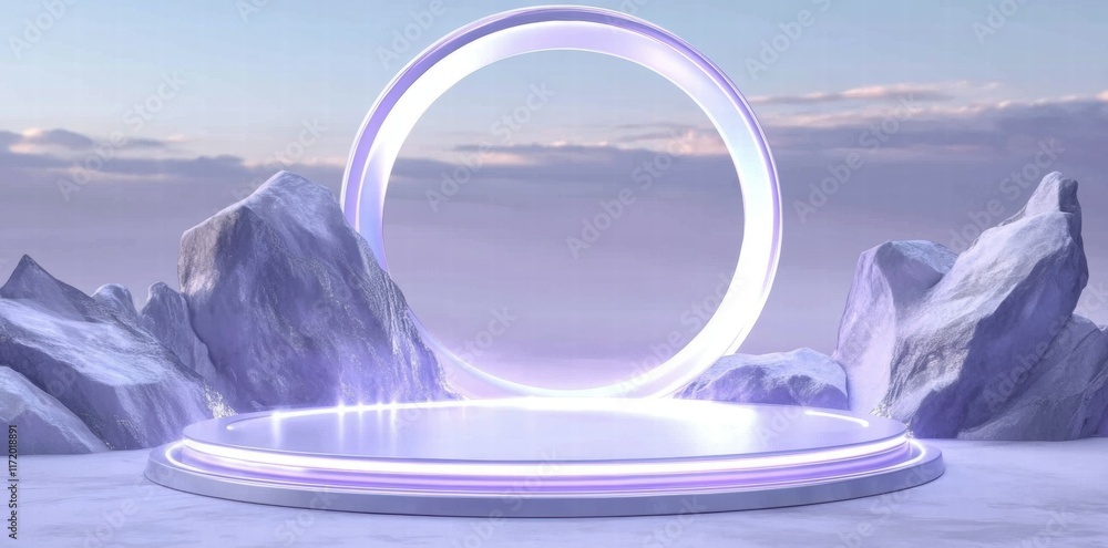 Poster A futuristic circular portal set on a platform surrounded by rocks, suggesting a mystical space.