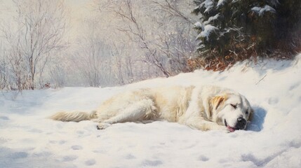 A serene winter scene featuring a sleeping dog in the snow.