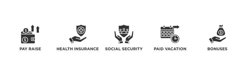 Employee benefits banner web icon vector illustration concept with icon of pay raise, health insurance, social security, paid vacation and bonuses