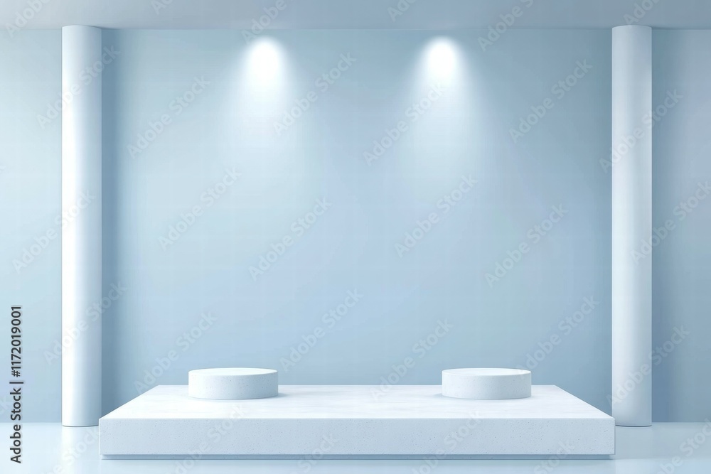 Poster minimalist exhibition space with two circular pedestals and soft lighting.