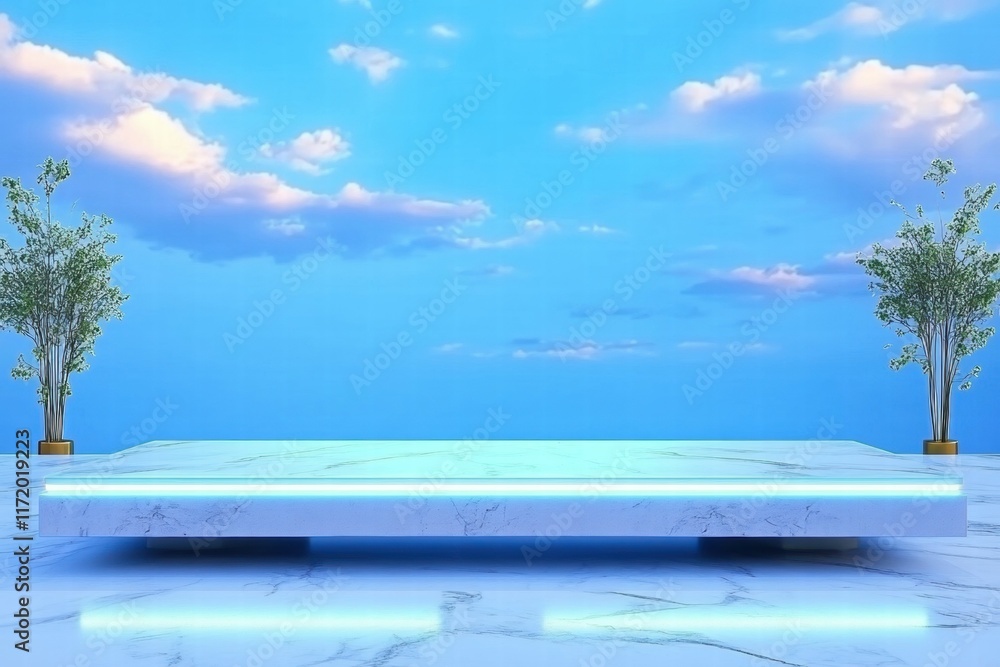 Poster a minimalistic platform surrounded by greenery under a blue sky with clouds.