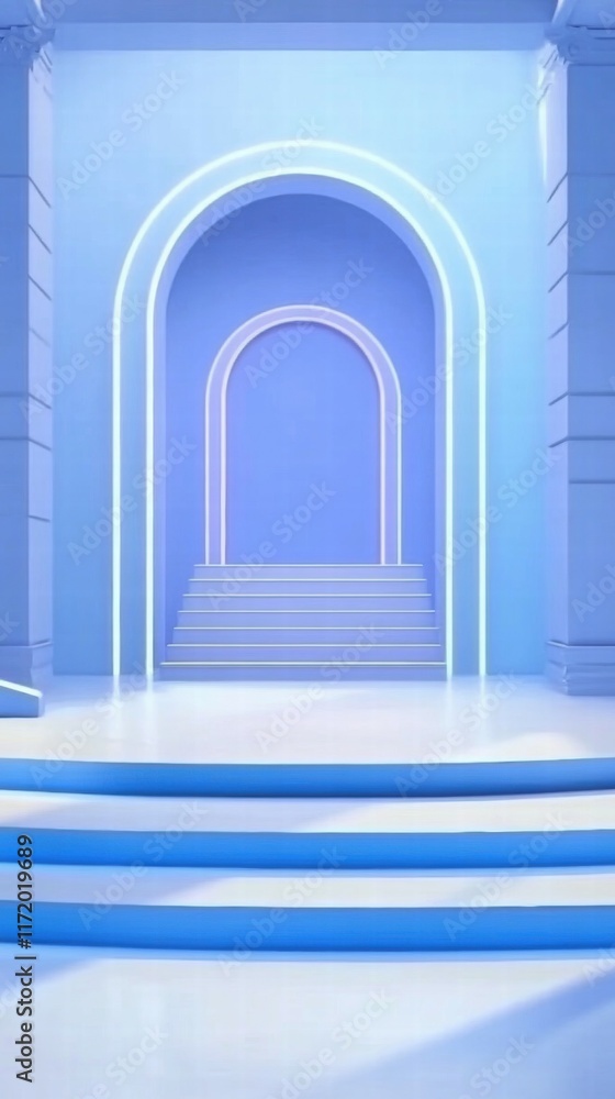 Poster a minimalist blue archway with stairs, creating a serene and modern atmosphere.